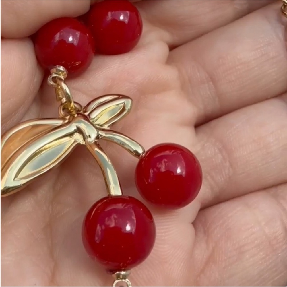 Cherry Design Gold and Red Beaded Stainless Steel Necklace - Picture 4 of 11